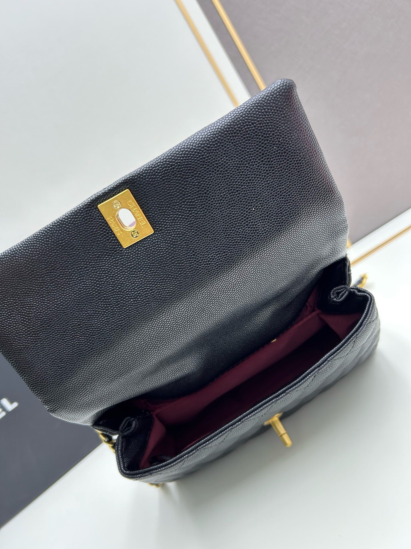 Caviar Quilted Coco Mark Handle Flap Bag Black & Burgundy A92990