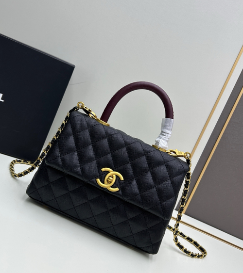Caviar Quilted Coco Mark Handle Flap Bag Black & Burgundy A92990