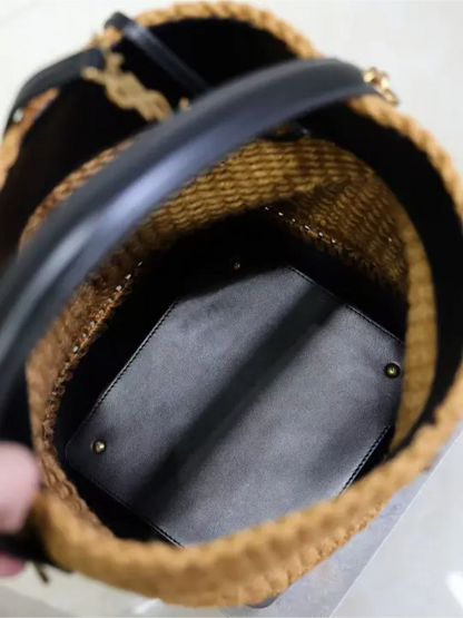 37 raffia woven cowhide bucket bag
