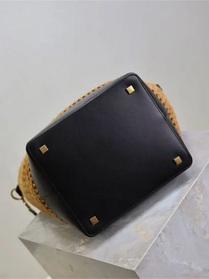 37 raffia woven cowhide bucket bag