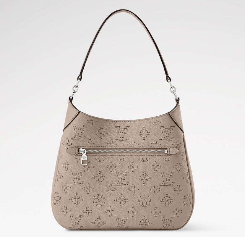 2026 All Around PM Tote Bag with Openwork Monogram Pattern, Pebble Gray Mahina Calfskin M27336