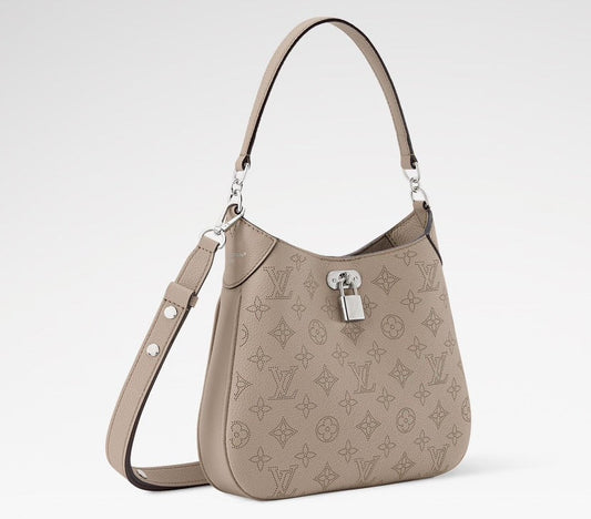 2026 All Around PM Tote Bag with Openwork Monogram Pattern, Pebble Gray Mahina Calfskin M27336
