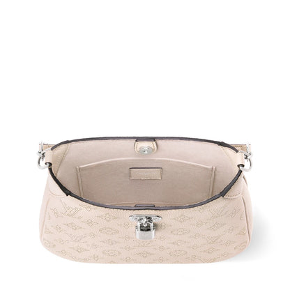 2026 All Around PM Tote Bag with Openwork Monogram Pattern, Pebble Gray Mahina Calfskin M27459
