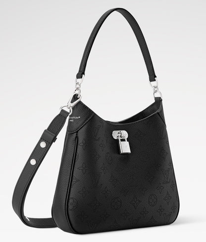 2026 All Around PM Tote Bag with Openwork Monogram Pattern, Pebble Gray Mahina Calfskin M28306