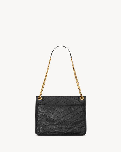 2026 Niki Medium Chain Shoulder Bag in Black Vintage Leather 6331840EN071000